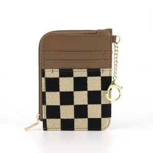 Retro black beige checkered card holder wallet with zipper and keychain for daily use.
