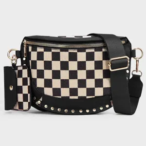 Trendy black and white checkerboard canvas crossbody chest bag with small pouch and metal studs.