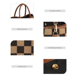 Checkerboard canvas tote handbag featuring top grab handles, metal hardware and a snap buckle.