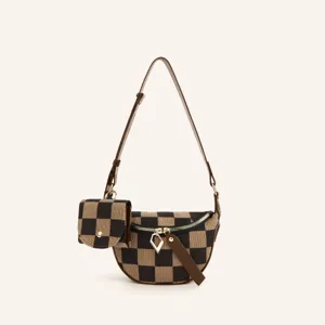 Checkerboard canvas 2-in-1 crossbody chest bag with small pouch for women fashion commuting
