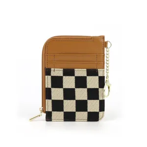 Minimalist checkerboard card holder wallet with zipper pocket and metal keychain ring.