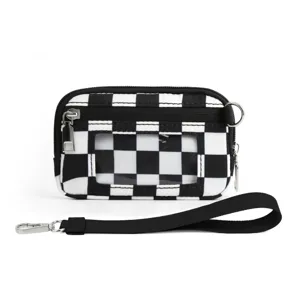 Black white checkerboard card pouch with clear window, zipper and detachable strap.