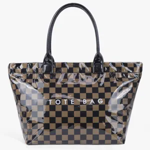 Stylish vintage checkered tote bag, large capacity PVC shoulder shopping bag for women.