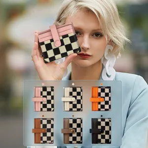 Women Canvas Card Holder Retro Checkerboard Pattern Multifunctional Mini Credit ID Card Case Portable Coin Purse