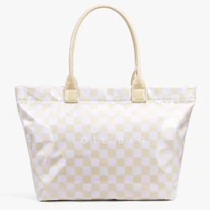 Fashion retro checkered PVC tote bag for women, large capacity casual commuter shoulder bag.