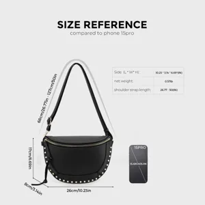 Black studded half-moon shoulder bag size reference chart with detailed dimensions and weight.
