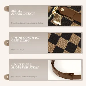 Canvas checkerboard detail bag with metal zipper and adjustable shoulder strap for daily use.