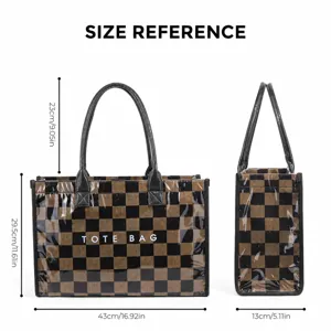 Black brown checkerboard PVC tote bag with large capacity shoulder handbag size reference chart