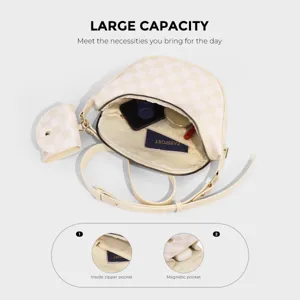 Checkered nylon crossbody bag interior capacity detail showing pockets and small pouch.