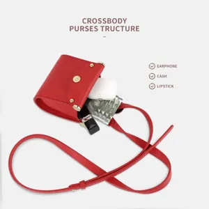 Red PU leather mini crossbody bag, cute earphone storage pouch with long strap for women.