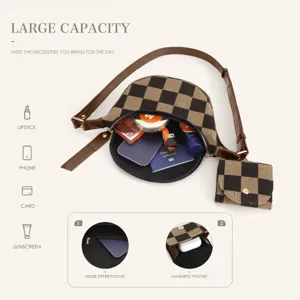 Detailed view of checkerboard canvas chest bag interior pockets and large capacity storage design.