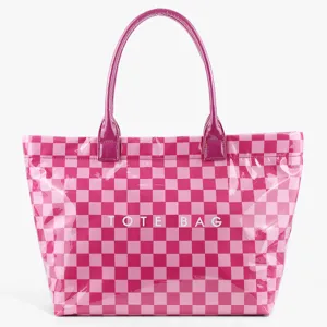 Pink checkered PVC tote bag with double handles, spacious waterproof daily shoulder bag.