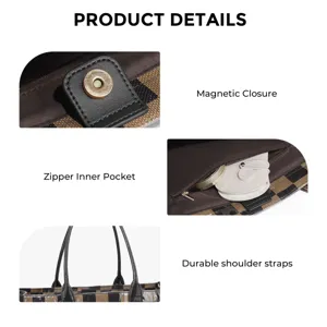 Black brown checkerboard PVC tote bag detail view with magnetic closure and zipper pocket.