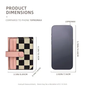 Minimalist canvas card holder slim wallet with checkered pattern and snap button closure