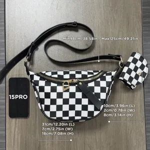 Black and white checkerboard nylon fanny pack with small pouch, versatile crossbody bag.