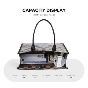 Detailed view of the checkerboard tote bag showing large capacity and neat inner compartments.