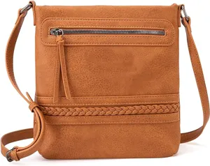 Brown PU leather crossbody shoulder bag front zipper pocket braided texture fashion detail
