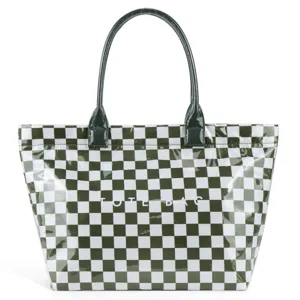 Green and white checkerboard PVC tote bag for women, large capacity casual shoulder bag.