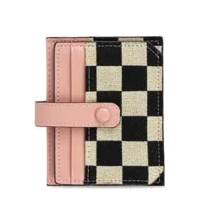 Mini card holder wallet with checkerboard canvas and pink leather slots for daily use detail.