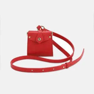 Red PU leather mini storage bag and earphone pouch with thin strap and gold tone hardware.