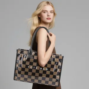Black brown checkerboard PVC large capacity double handle shoulder tote bag for women