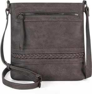 Women dark grey crossbody shoulder bag with front zipper pocket and stylish braided texture.