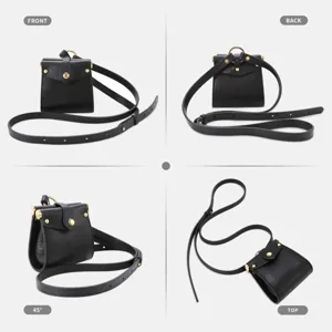 Black PU leather mini crossbody bag with thin strap, cute fashion earphone storage pouch.