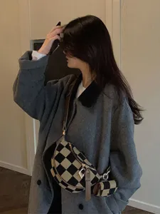 Trendy checkered canvas chest waist bag 2-in-1 crossbody bag with pouch for commuting style.