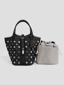 Donne Moda Punk Rivetti Borsa Secchiello Pelle PU Tracolla Borsetta Mano