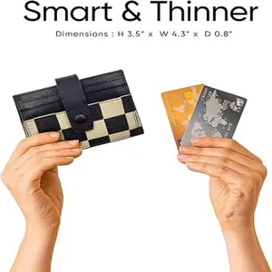 Checkered canvas card holder for women, slim minimalist multi-slot wallet with snap button.