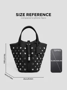 Borsa secchiello nera con borchie e lucchetto, elegante borsa da giorno con riferimento taglia