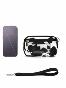 Cow print transparent PVC card holder wrist bag dimension infographic showing clear layout.