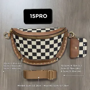 Trendy checkered canvas chest bag with brown leather trim, gold studs, and detachable pouch.