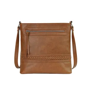 Retro brown leather women crossbody shoulder bag with front zipper pocket and braided detail.