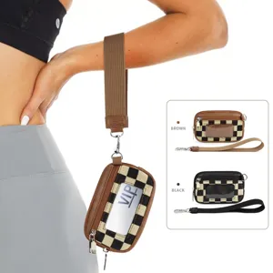 Porte-cartes en PVC à motif damier portefeuille de poignet pochette pour carte d'identité et pièces de monnaie pour femmes et hommes