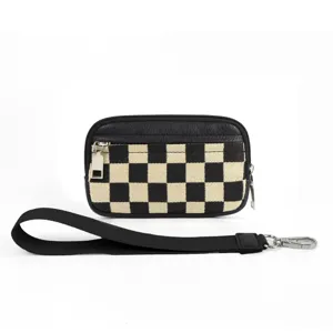 Porte-cartes a carreaux noir et blanc avec dragonne etui a monnaie portable design chic