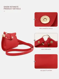 Red PU leather mini crossbody bag with gold tone metal and magnetic buckle for daily wear.