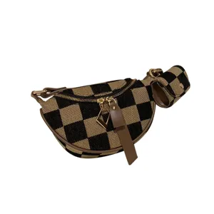 Fashion checkerboard canvas chest bag women versatile crescent crossbody waist bag pouch