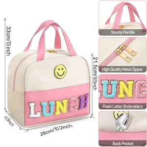 Detailed view of the lunch bag featuring sturdy handles, metal zippers, and back pocket.