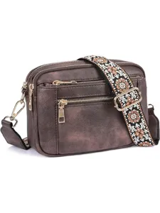 Brown PU leather crossbody bag with embroidered wide strap, multi-zipper design, daily purse.
