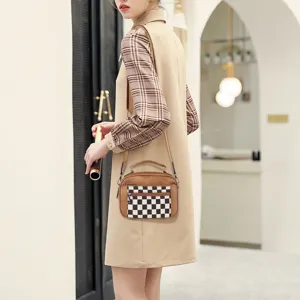 Stylish PU leather square crossbody shoulder handbag featuring chic checkerboard front pocket.