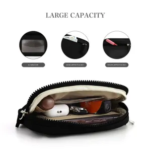 Large capacity black nylon pouch with clear ID window, front and rear zipper pockets for daily use.