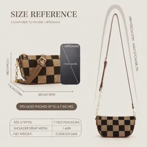 Checkerboard canvas crossbody bag size chart detail view with dimensions and chain strap specs.
