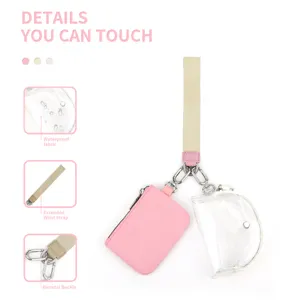 Clear PVC mini wrist bag set with pink coin pouch, waterproof fashion multi-functional bag.