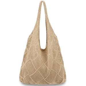 Close-up of the stylish hollow-out knitted shoulder tote bag showcasing the intricate diamond texture.