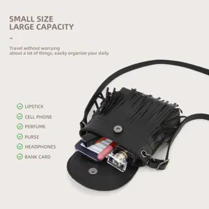 Petit sac bandoulière noir à franges de grande capacité, sac à main élégant pour femme.
