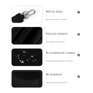 Detailed view of nylon card holder featuring metal ring, velcro, and waterproof fabric.