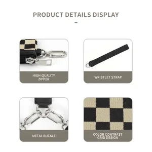 Black and white checkerboard minimalist coin purse with wrist strap and metal zipper detail.