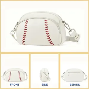 White leather baseball shaped crossbody bag with red stitching and adjustable strap.