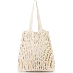 Close-up detail of the beige knitted hollow-out tote bag texture, showing the mesh design.